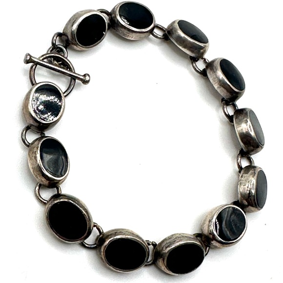 Sterling Silver 925 Black Onyx Link Bracelet 7 1/4” Toggle Closure - Picture 5 of 12
